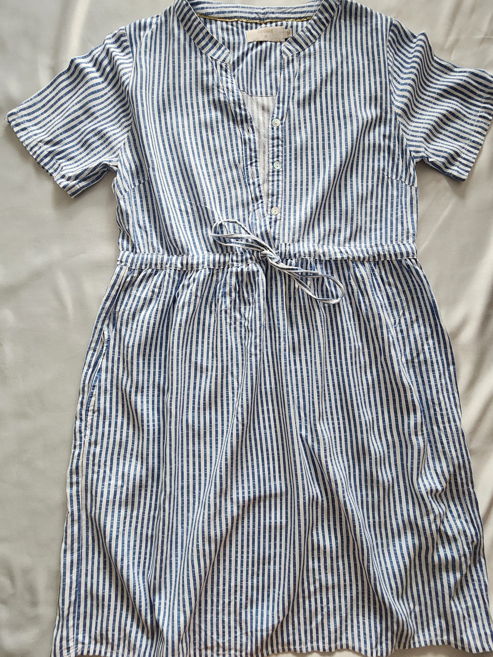 Cream Blue White Striped Short Sleeve Shirt Dress Size S